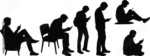 Silhouette people using smartphone, digital addiction concept, modern lifestyle technology, mobile phone posture, social media dependence, communication device illustration, vector