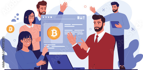 Bitcoin illustration, cryptocurrency teamwork, blockchain technology, digital finance, business discussion, fintech collaboration, virtual currency, crypto investment, financial strategy