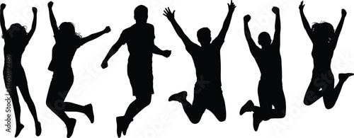 Silhouette people jumping, group celebrating success, joyful teamwork energy, happy friends outdoors, freedom lifestyle concept, unity expression, dynamic movement, positive celebration