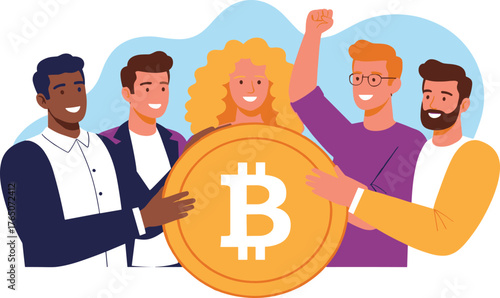 Group of people celebrating Bitcoin,cryptocurrency success,blockchain teamwork,holding coin,crypto investment,financial technology,team collaboration,digital currency,modern fintech illustration