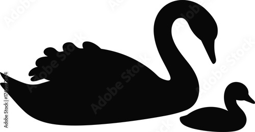 Elegant black swan silhouette with baby swan, minimalistic parent child bird design, graceful wildlife illustration, family love, nature concept art