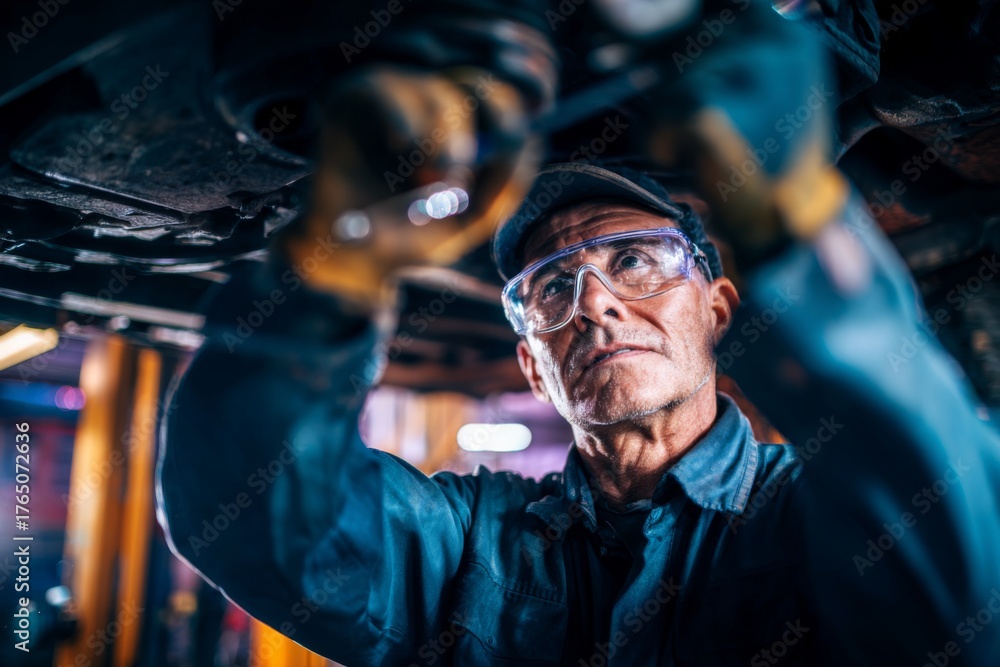 Obraz premium A skilled mechanic inspects a vehicle while working under it in an auto repair shop. He focuses on his task, using tools carefully to ensure everything is in proper condition