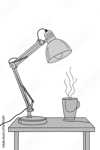 Desk lamp and steaming mug on table in line art style
