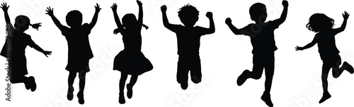 Children silhouettes jumping in air, playful kids group celebrating joy, happy childhood freedom, energetic movement, fun activity, teamwork, friendship, happiness
