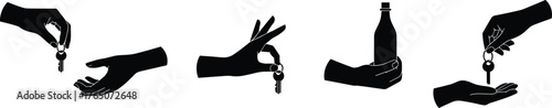 Silhouette hands giving key, receiving key, holding bottle, trust exchange, symbolic gesture, responsibility transfer, business deal, ownership concept, cooperation