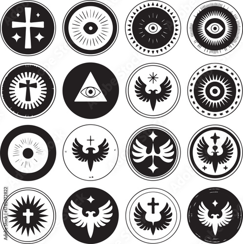 Collection of black and white mystical occult symbols and icons