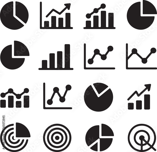 Collection of business and statistical graphs and charts in black color