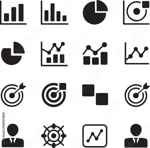 Collection of Business Data Visualization and Analysis Icons in Black and White