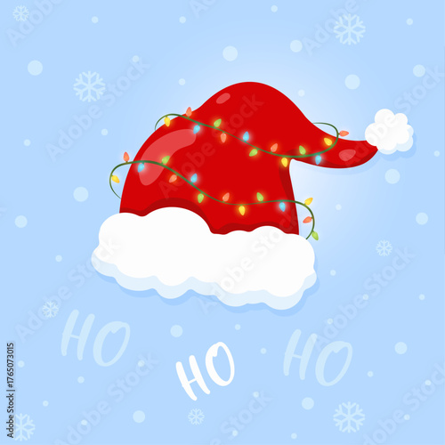 Merry Christmas Santa Hat with Colorful Lights and Snowflakes on Blue Background – Festive HO HO HO Holiday Greeting Card Vector for New Year Celebration, Winter Season, Web and Digital Illustration