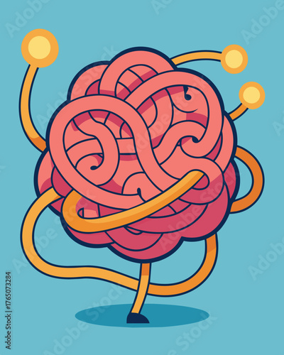 A cartoon drawing of a brain with exaggerated tangled pathways creating a chaotic and confusing image.. Vector illustration