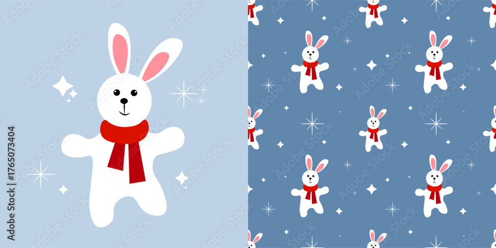 Obraz premium Seamless pattern with white hares on a blue background.