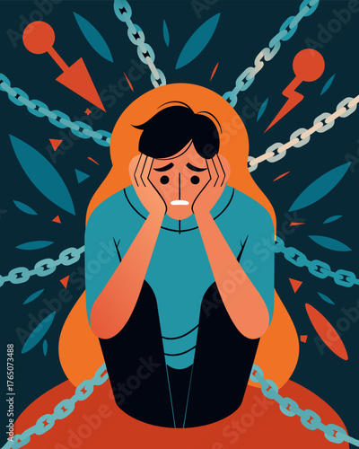 A figure surrounded by walls of stress chains feeling ped and overwhelmed.. Vector illustration