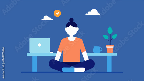 A person sitting at their desk taking a short break from work to practice mindful breathing exercises improving productivity and reducing mental fatigue.. Vector illustration