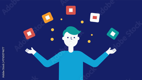 A person juggling multiple memory cards representing the multitasking and cognitive flexibility that memory exercises can improve.. Vector illustration