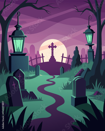 A deserted graveyard the gaslights casting eerie illusions on the headstones and making the shadows of the tombstones seem to dance.. Vector illustration