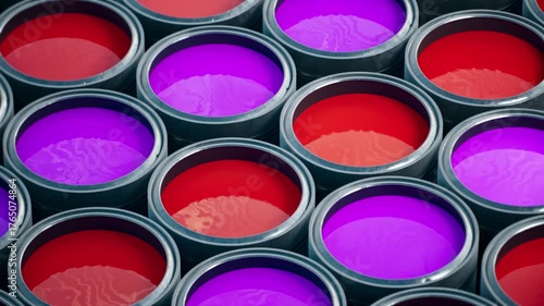Endless pattern of metal pink and red paint boxes, cylindrical containers