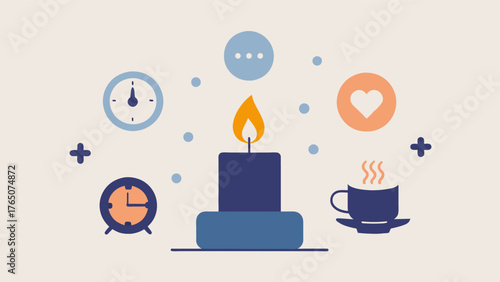 A lit candle with a fading flame indicating that the mind is still and peaceful. Surrounding the candle are symbols of stress such as a clock phone and laptop emphasizing how. Vector illustration