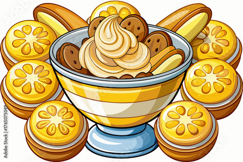 vector of (banana pudding)
A combination of vanilla pudding, biscuits and banana slices.
Decorate with cream and crushed biscuits. Modern idea: serve in dessert cups