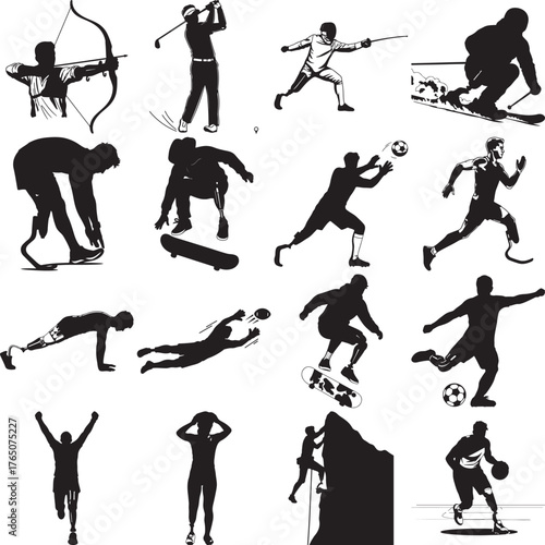 Diverse athletes showcase skill in various sports including archery golf fencing skiing skateboarding soccer and basketball silhouettes