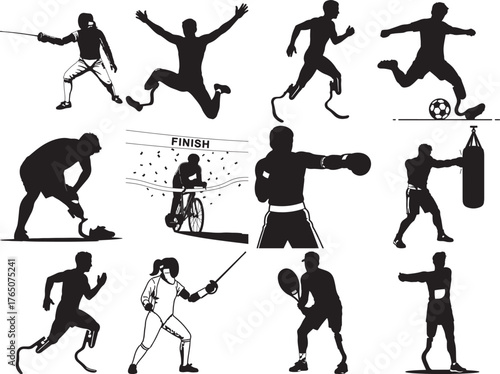 Silhouetted athletes with prosthetic limbs participate in various sports activities showcasing strength and determination in black and white illustration
