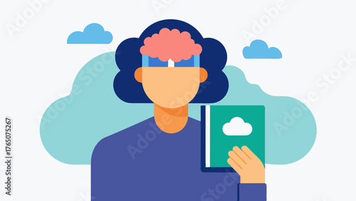 A person holding a completed memory book up to their head indicating the impacts of memories on brain health.. Vector illustration