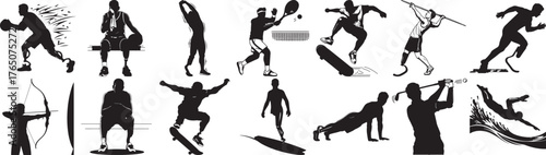 Diverse athletes in action silhouettes showcase sports like basketball tennis skateboarding swimming and archery for fitness and competition