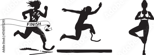 Silhouette illustrations showcasing adaptive athletes in running jumping and yoga poses promoting inclusivity and athletic achievement for all individuals