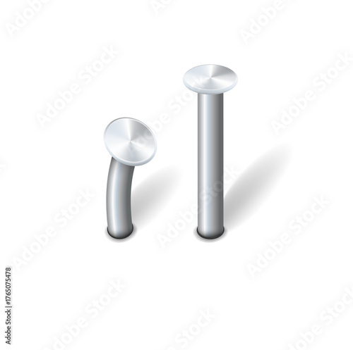 Nails hammered into wall steel straight and bent metal hardware spikes. Hobnails with grey caps top view isolated on transparent background. Vector