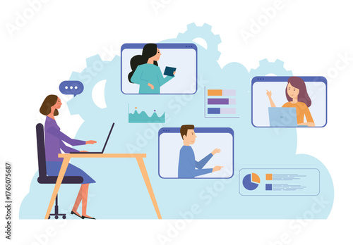 Woman engaging in a video call with three participants, suitable for remote work, virtual meetings, online communication concepts