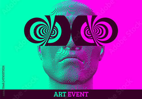 Art event. A hypnotized person. An eccentric image. A psychedelic image. Illustration for brochure, poster, cover, flyer or banner.