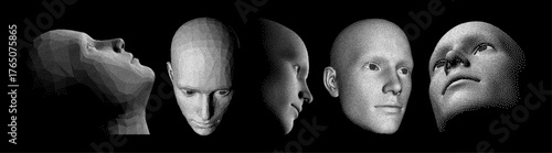 Three human faces constructing from particles. Technology concept. Anonymous social masking. Cyber security. Black and white. Vector illustration.