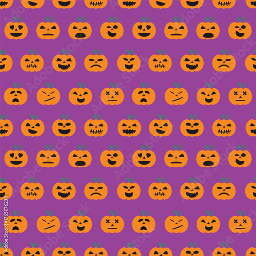 Orange pumpkins with cute faces. Halloween seamless pattern.