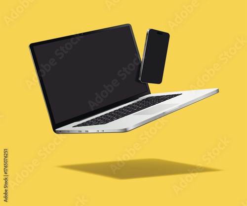 Levitation laptop with smartphone mockup