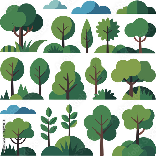 Vector trees collection various shapes and styles nature landscape design elements set