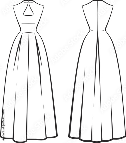 Elegant dress technical flat, fashion illustration front back view, keyhole neckline, pleated skirt, fitted bodice, full length garment design