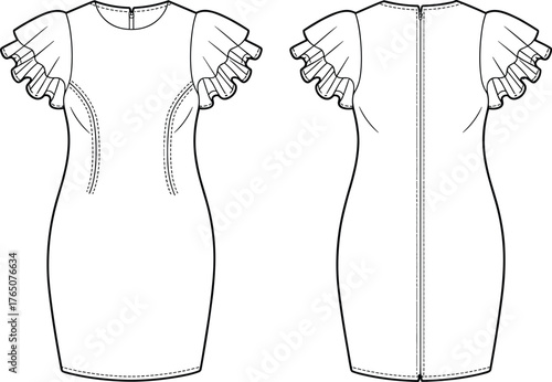 Fashion dress sketch, technical flat, front view, back view, ruffle sleeves, princess seams, round neckline, fitted silhouette, garment construction, vector illustration