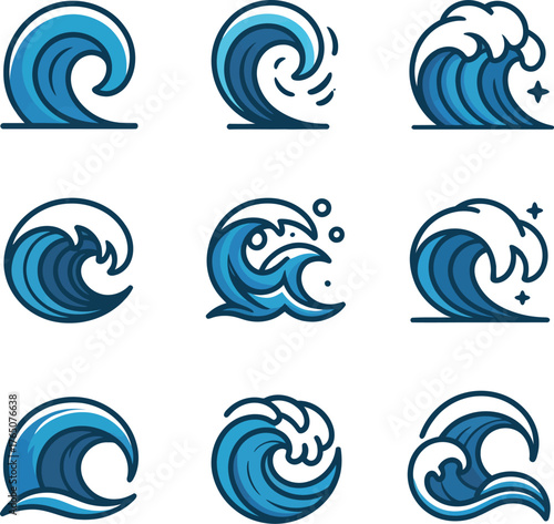 Vector wave illustrations set, sea ocean water waves drawing, surfing wave clip art design