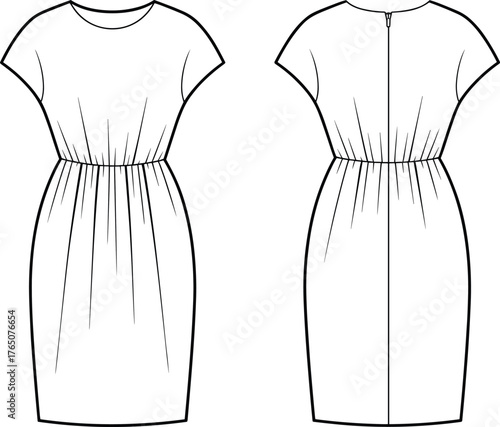 Fashion dress technical sketch, front and back view, short sleeve, round neck, gathered waist, flared skirt, zipper back, vector illustration
