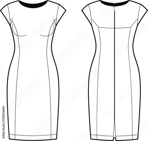 Fitted dress sketch, technical flat, front view, back view, cap sleeves, princess seams, round neckline, bust darts, garment construction, vector illustration