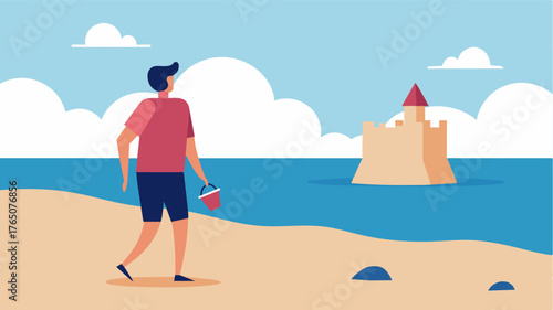 A man taking a trip to the beach where he and his family used to vacation every summer walking along the shore and recalling the sandcastles he built and the waves he surfed. The. Vector illustration