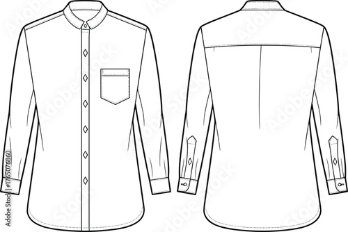 Long sleeve shirt technical sketch, front and back view, fashion flat, classic collar, chest pocket, button placket, back pleat, yoke