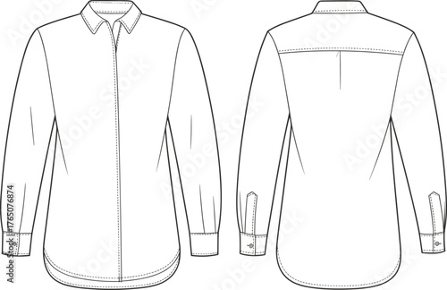 Long sleeve shirt technical sketch, front and back view, fashion flat, pointed collar, box pleat, yoke detail, curved hem