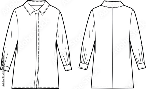 Long sleeve shirt technical sketch, front and back view, fashion flat, pointed collar, button placket, gathered cuffs, center seam