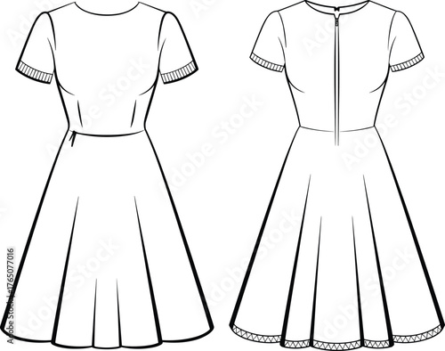 Short sleeve flared dress illustration, front and back view, technical fashion sketch, knee length, zipper, trim detail, vector art