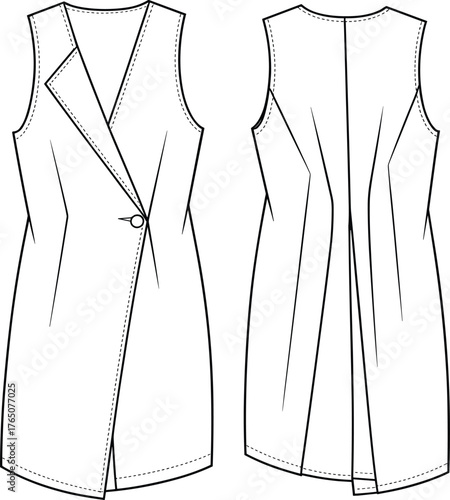 Sleeveless asymmetrical vest technical sketch, front and back view, fashion flat, notched lapel, single button, shaping seams, flared hem