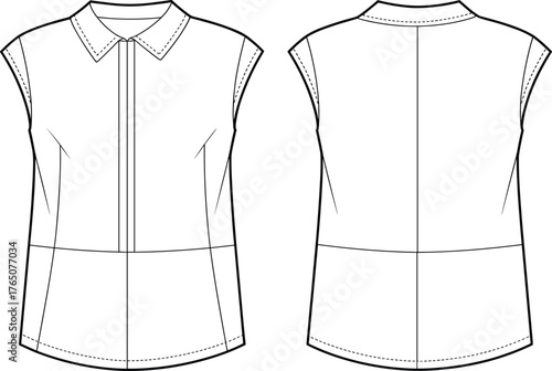 Sleeveless collared blouse illustration, front and back view, technical fashion sketch, darts, hidden placket, curved hem, vector art