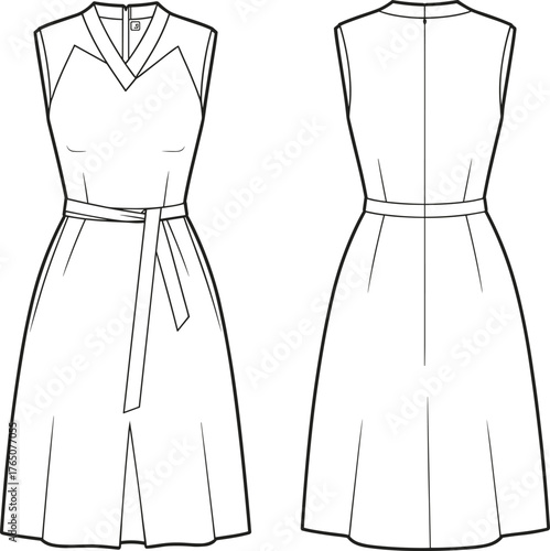 Sleeveless dress technical sketch, front and back view, fashion flat, angular V-neckline, tied belt, fitted bodice, flared skirt, center seam