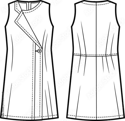 Sleeveless dress technical sketch, front and back view, fashion flat, asymmetrical panel, single button, pleated back, fitted bodice
