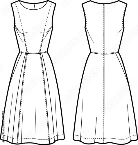 Sleeveless dress technical sketch, front and back view, fashion flat, princess seams, paneled skirt, fitted bodice, center seam, flared hem