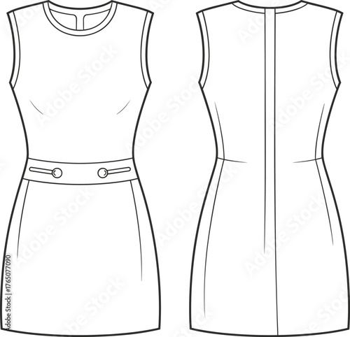 Sleeveless dress technical sketch, front and back view, fashion flat, round neckline, fitted silhouette, waistband buttons, center seam, zipper back